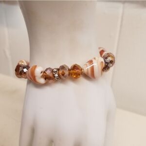 VINTAGE MURANO GLASS HEARTS & CHAMPAGNE FACETED GLASS BEADS STRETCH BRACELET